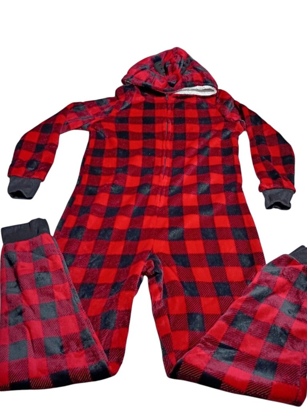 Jolly Jammies Holiday Buffalo Plaid Hooded Fleece Union Suit Onesie Size M
